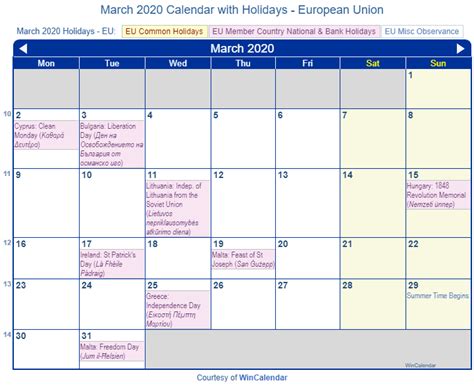 Print Friendly March 2020 Eu Calendar For Printing