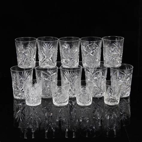 Lot Set Of 10 Antique Cut Crystal Tumblers And 4 Shot Glasses In Two Separate Patterns