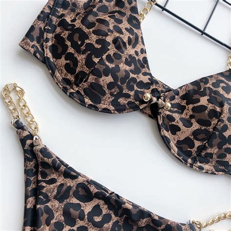 Leopard Print Front Closure Metal Chain Thong Bikini Set Us 537