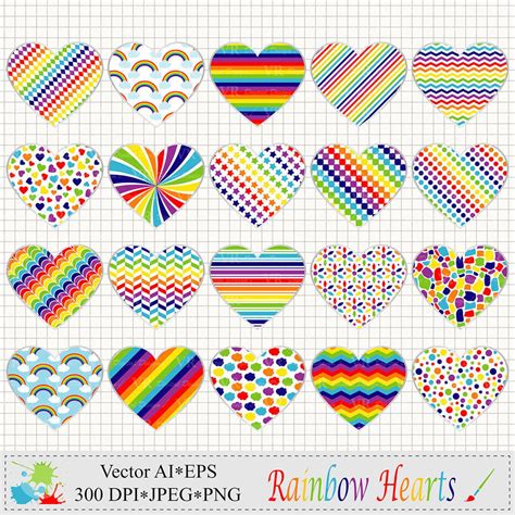 Rainbow Hearts Clipart Patterned Hearts Clip Art Vector Etsy