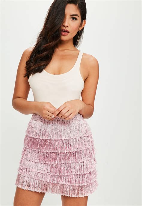 Missguided Pink Tiered Fringe Mini Skirt Lyst