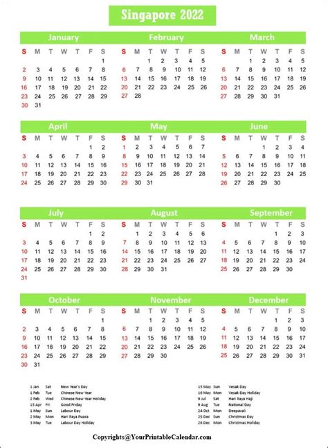Free Printable Singapore 2022 Calendar With Holidays Pdf