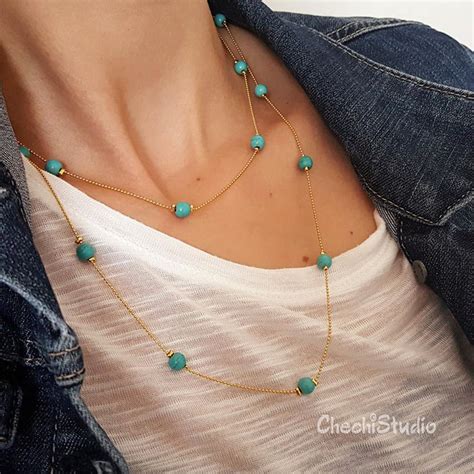 Turquoise Beaded Gold Chain Necklace December Birthstone Necklace