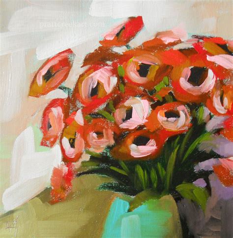 A Painting Of Red And Pink Flowers In A Green Vase