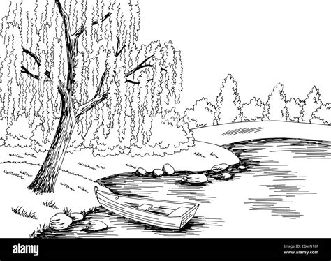 Lake Boat Graphic Black White Landscape Sketch Illustration Vector