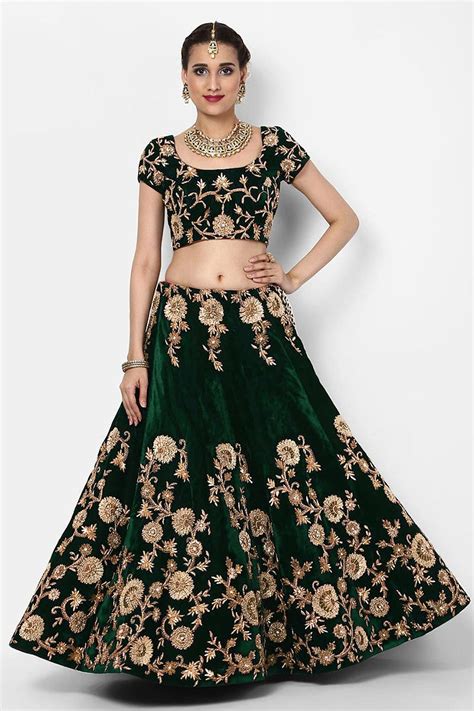 Buy Bottle Green Velvet Lehenga Choli With Zari Embroidery Online Like A Diva