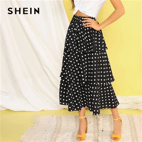 Shein Black Polka Dot Print Layered Ruffle Casual Long Skirt High Waist Long Skirts Womens