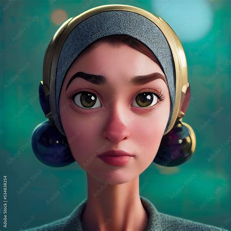 stylish arab woman covering hairs cartoon big eyed close up portrait animated movie character