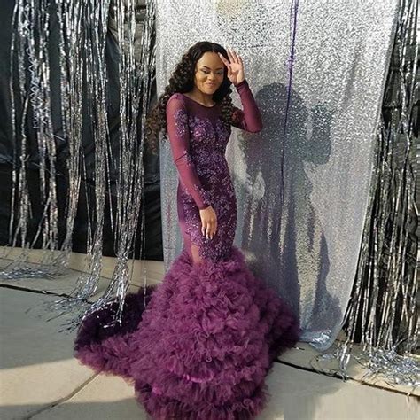 Aso Ebi Style Formal Dresses Purple Long Sleeve Ruffle Lace Nigerian