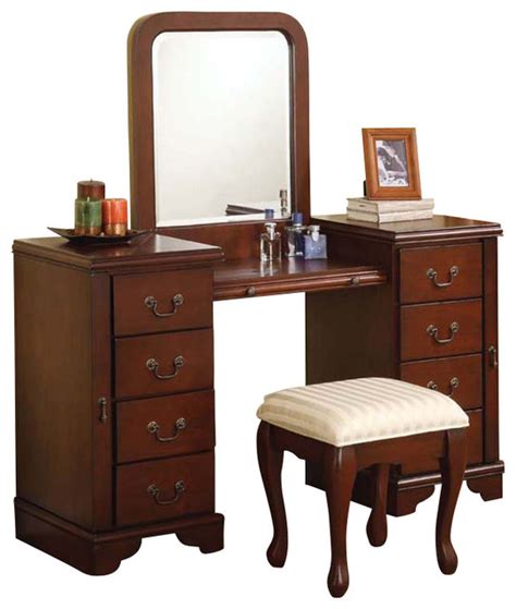 A vanity set or standalone makeup vanity adds functionality to your bedroom or dressing area, creating a designated space to choose accessories, do your hair, or put on makeup. Cherry Louis Philipe 3 PC Make up Table Bench Mirror 8 ...