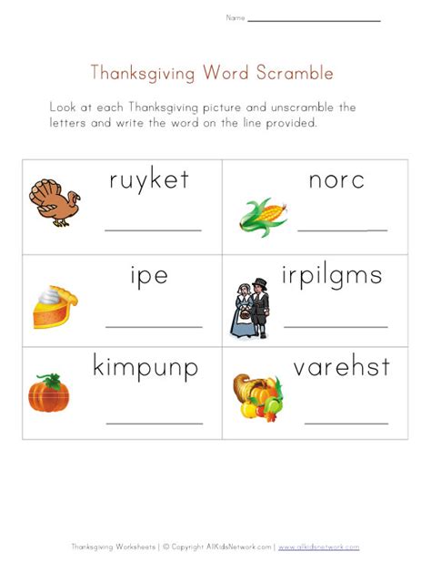 Thanksgiving Word Worksheet For Kids Word Scramble