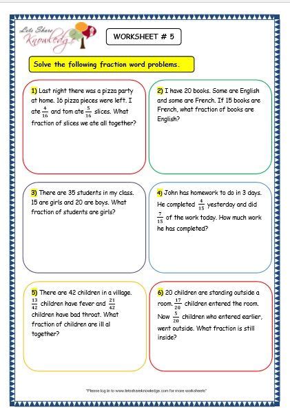 Grade 3 Maths Worksheets: (7.9 Fraction Word Problems) | Fraction word