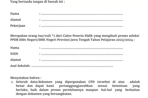 Contoh Surat Pernyataan Kebenaran Dokumen Ppdb Jateng 2023 Bisa