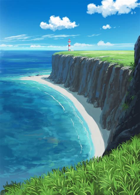 Pei Sumurai Original Commentary Request Highres Beach Blue Sky Cliff Cloud Day Grass