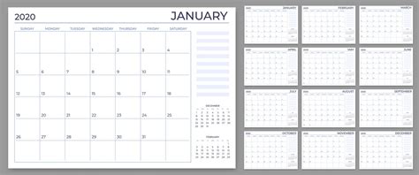Monthly Planner Template Year Calendar Notes Grid 2020 Planners Shee