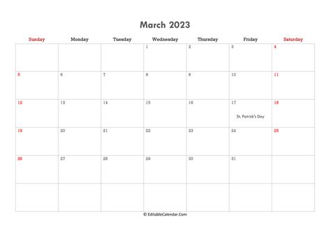 Download Editable Calendar March 2023 Word Version