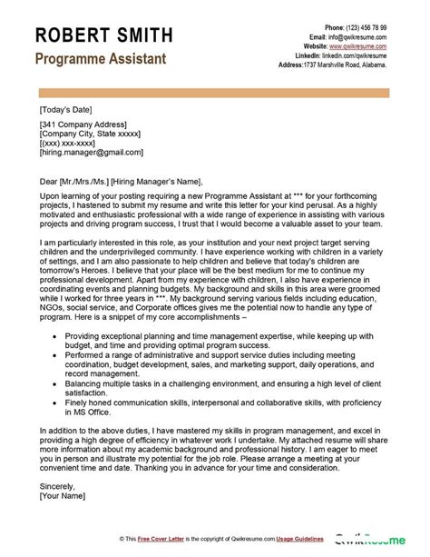 Programme Assistant Cover Letter Examples QwikResume