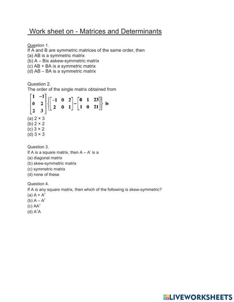 Matrices And Determinants Worksheet Live Worksheets
