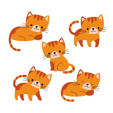 Cartoon Ginger Cat With Different Poses And Emotions Cute Vector Illustration Isolated On White