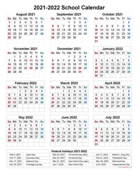 2021 2022 School Calendar Printable One Page