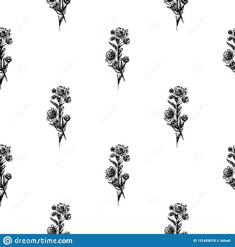 Seamless Hand Drawn Pattern Of Abstract Rose Flowers Isolated On White