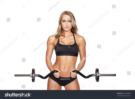 Sexy Blonde Fitness Model Workout With Olympic Curl Bar Isolated On