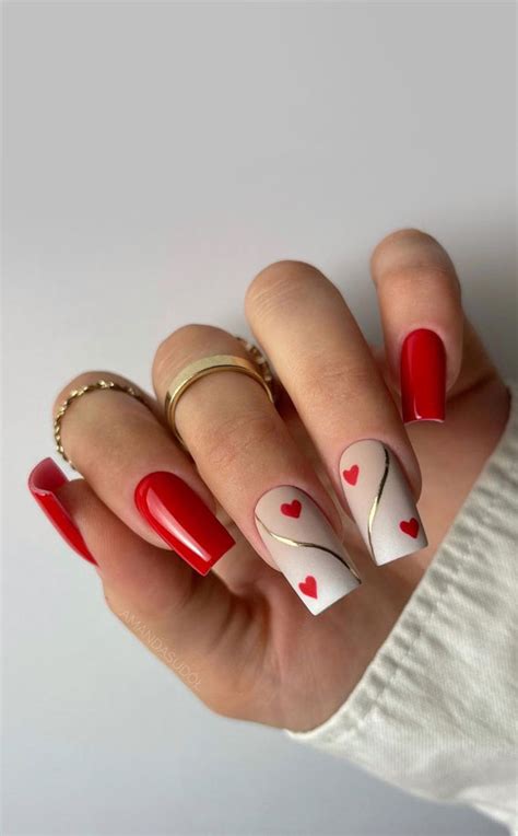 52 Valentines Day Nail Art Designs And Ideas 2023 Neutral Matte Nails With Red Hearts