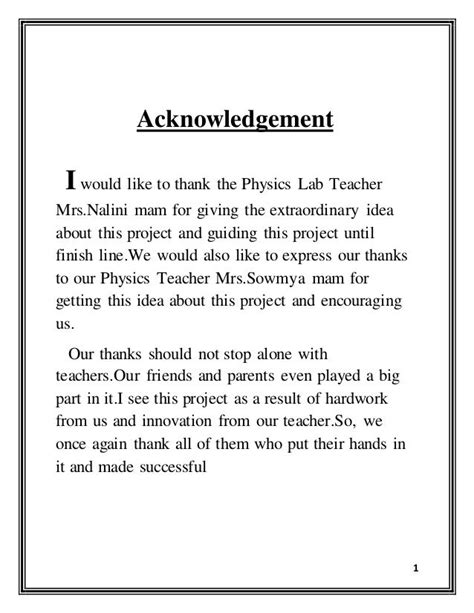 Acknowledgement For Physics Project Study In Progres