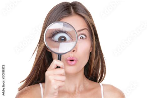 Funny Expression Shocked Woman Looking Through A Magnifying Glass