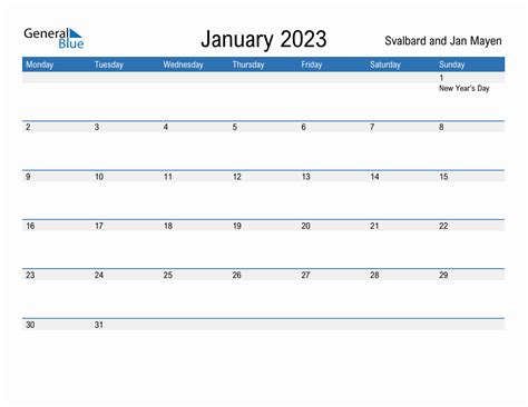 Editable January 2023 Calendar With Svalbard And Jan Mayen Holidays