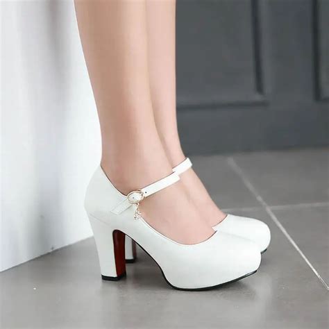 New Women High Heels Pumps Sexy Bride Party Thick Heel Round Toe White
