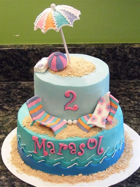 Beach Birthday Cake With Fondant Umbrella And Beach Chairs And Ball