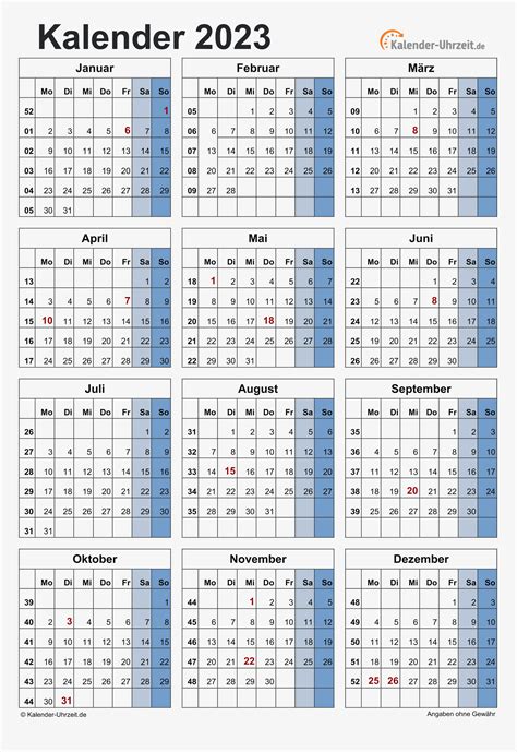 Kalender 2023 Mit Excel Pdf Word Vorlagen Feiertagen Ferien Kw