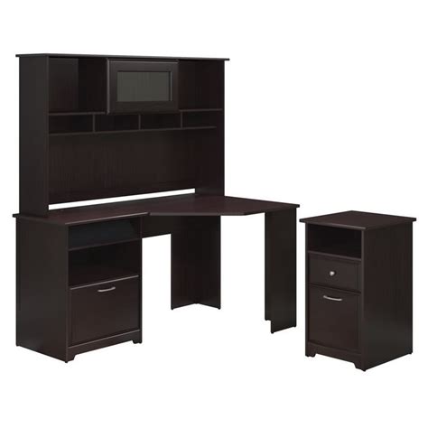 This pedestal desk comes crafted from durable wood the prestige + corner desk with pedestal of drawers isn't some intern's workspace; Bush Furniture Cabot Corner Desk with Hutch and File ...