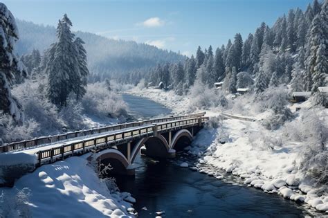 Premium Ai Image A Small Snow Covered Bridge Crossing Over The River