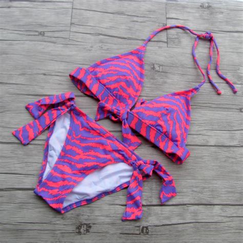 Women Triangle Bikini Sexy Swimwear Pink Print Bikinis Swimsuit Low
