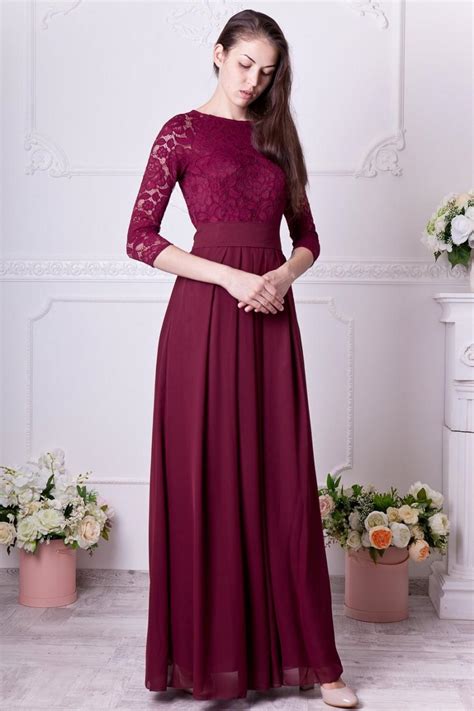 Burgundy Bridesmaid Dress Long Floral Lace Formal Gown With Sleeves