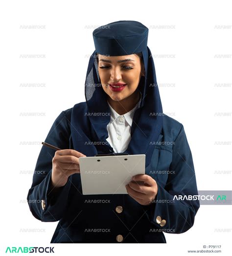 بورتريه سيدة عربية خليجية سعودية مبتسمة ترتدي زي مضيفات الطيران ، التأكد من وجود الركاب ، الفحص