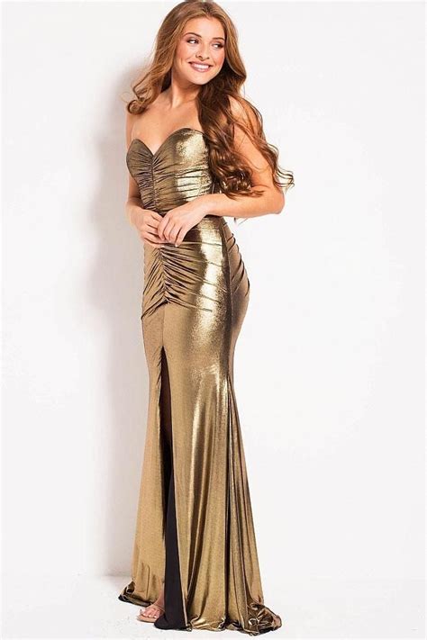 Jovani 51552 Strapless Gold Metallic Ruched Fitted Dress Gold Evening Gowns Satin Dress