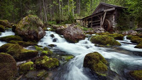 Water Mill Wallpaper Waterfall Water Forest House