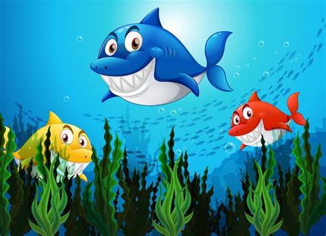 Free Vector Many Sharks Cartoon Character In The Underwater Background