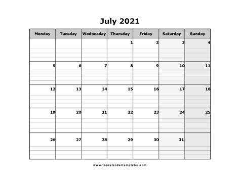 Printable July 2021 Calendar Template Pdf Word Excel