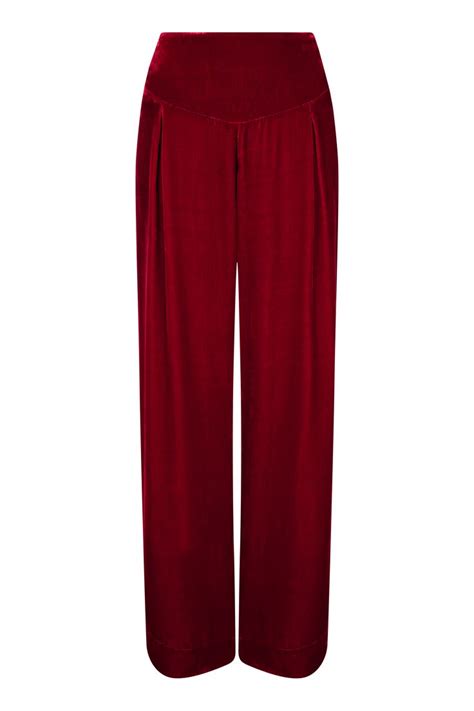 Palazzo Trousers In Deep Red Silk Velvet By Nancy Mac Embroidered