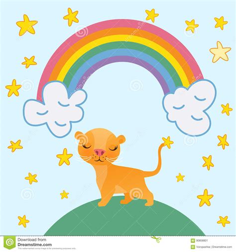 Cute Lion Cartoon On Rainbow Background And Stars Vector Illustration