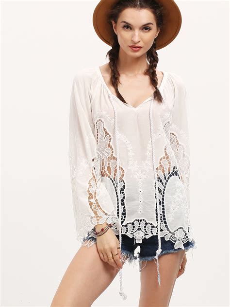 White Bell Sleeve Lace Blouse Sheinsheinside
