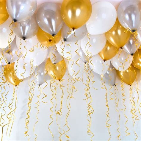 Gold White Silver Ceiling Balloons Gold Ribbon Birthday Etsy