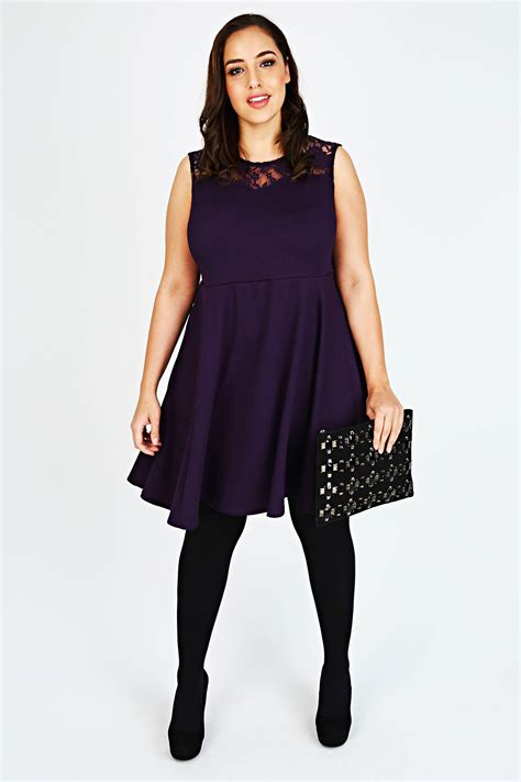 Purple Sleeveless Skater Dress With Lace Yoke Plus Size 141618202224262830323436