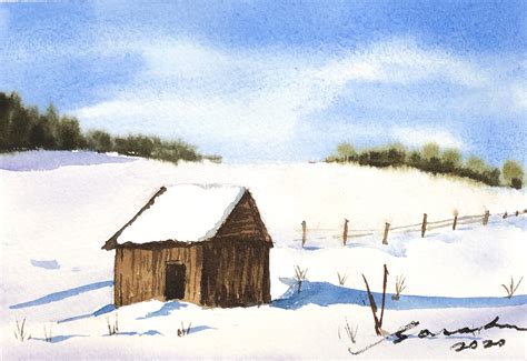 Watercolor Snow Scenes Original Watercolor Landscape Painting Etsy