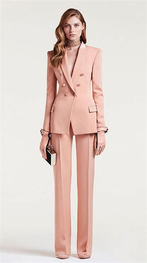 Coral Pink Womens Double Breasted Business Suit Female Custom Made Slim Fit Tuexdo Suits Female