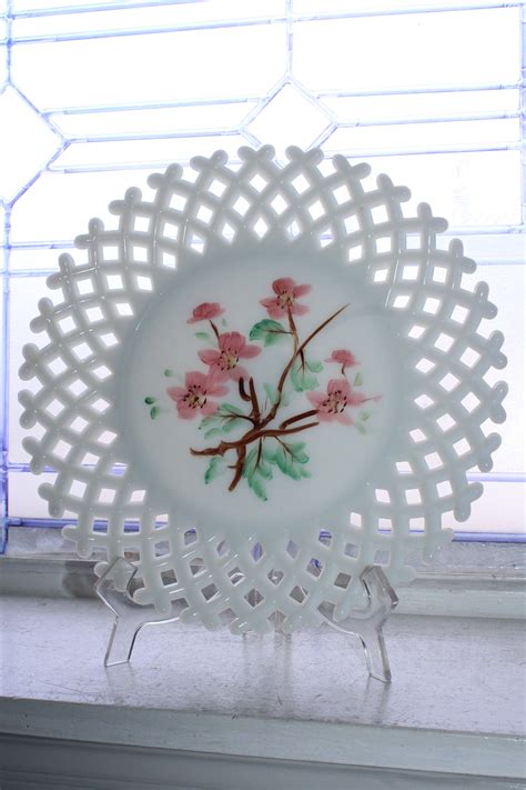 Vintage Lattice Edge Milk Glass Plate With Hand Painted Flowers